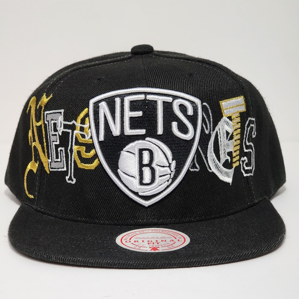 Mitchell & Ness Brooklyn Nets Snapback Cap NBA Hype Type Black Gold Hat